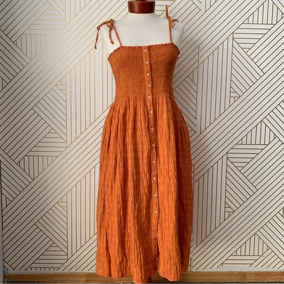 Aerie NWT Smocked Button front up Midi Dress crinkled cinched bow shoulder strap - Picture 8 of 9